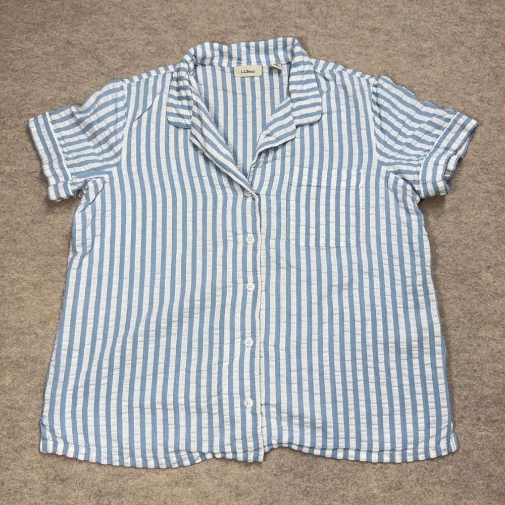 LL Bean Womens Blue White Striped Seersucker Button Up PJ Shirt Medium Coastal